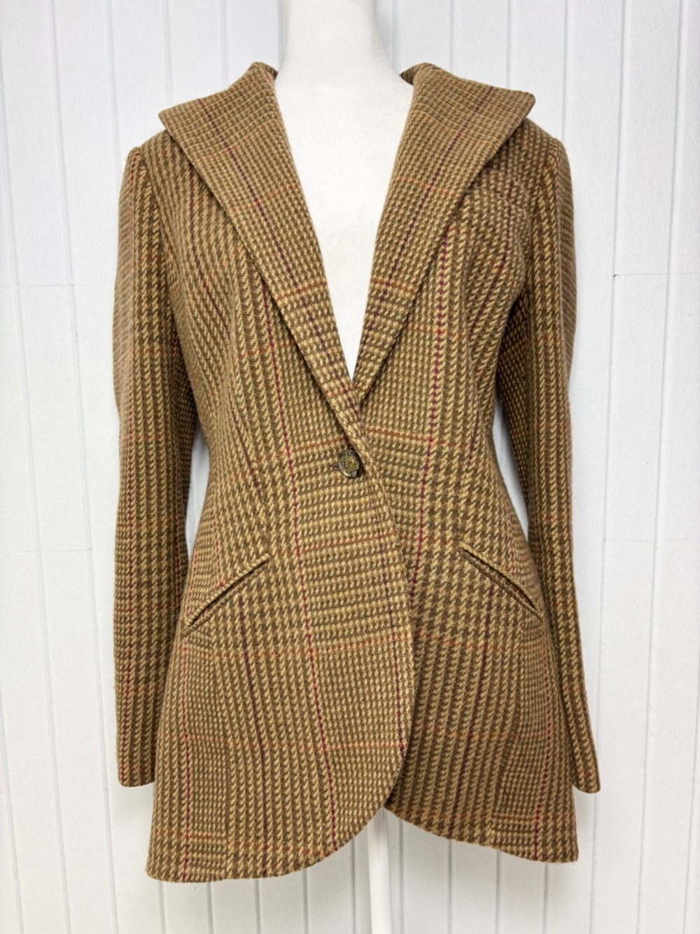 Ralph Lauren Vintage Wool Blend Tan & Brown Plaid Tailored Blazer Horse‎ buttons